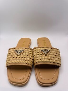 Prada Tan Woven Leather Slide Mules with Gold Logo